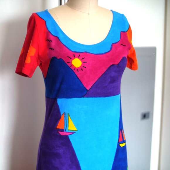 Hand Painted by JB T-Shirt Dress Scoop Neck Maxi Abstract-Pattern Art You Wear - Picture 4 of 5